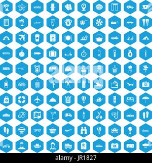 100 travel time icons set blue Stock Vector