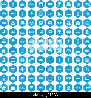 100 urban icons set blue Stock Vector