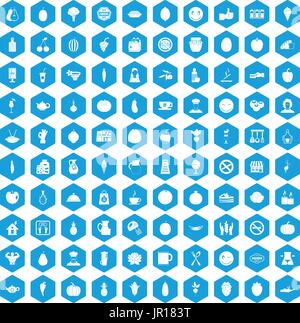 100 vegetarian cafe icons set blue Stock Vector