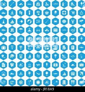 100 water recreation icons set blue Stock Vector