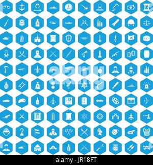 100 weapons icons set blue Stock Vector