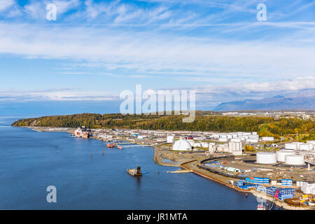 Aerial View Of Holding Tanks At The Port Of Anchorage And Joint Base Elmendorf Richardson (Jber) In The Background, Southcentral Alaska, USA Stock Photo