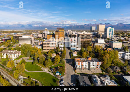 Aerial View Of Downtown Anchorage And 5th Ave., Southcentral Alaska, USA Stock Photo