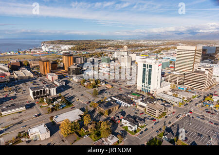 Aerial View Of Downtown Anchorage With Cook Inlet In The Background, Southcentral Alaska, USA Stock Photo