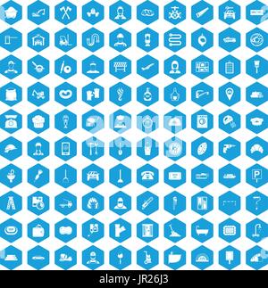 100 working professions icons set blue Stock Vector