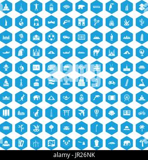 100 world tour icons set blue Stock Vector