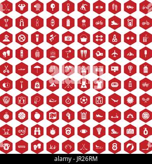 100 active life icons hexagon red Stock Vector