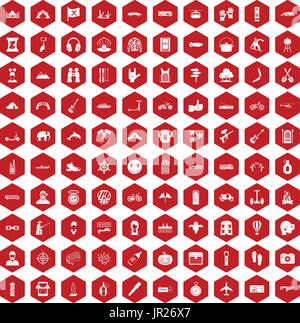 100 adventure icons hexagon red Stock Vector