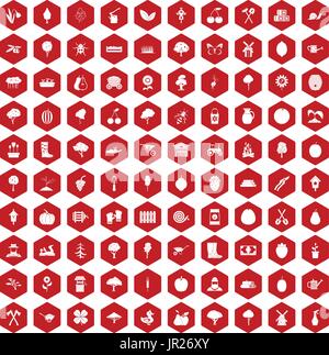 100 agriculture icons hexagon red Stock Vector