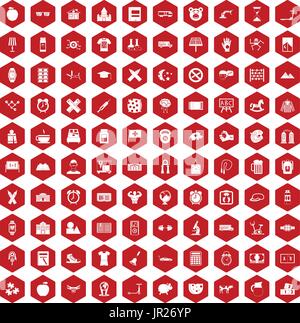 100 alarm clock icons hexagon red Stock Vector