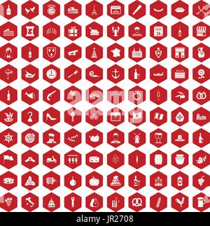 100 alcohol icons hexagon red Stock Vector