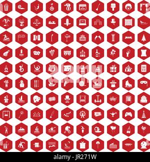 100 amusement icons hexagon red Stock Vector