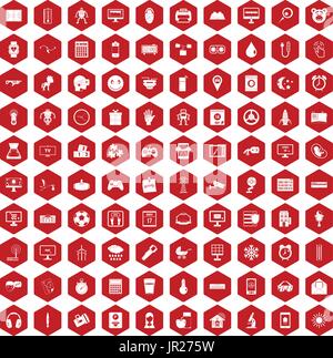 100 app icons hexagon red Stock Vector