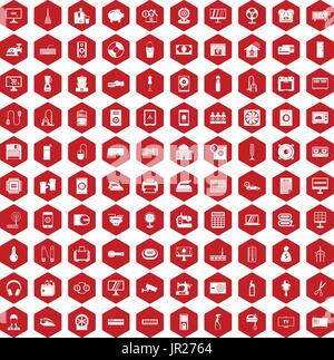100 appliances icons hexagon red Stock Vector