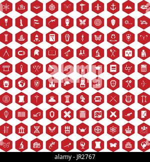 100 archeology icons hexagon red Stock Vector