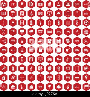 100 architecture icons hexagon red Stock Vector