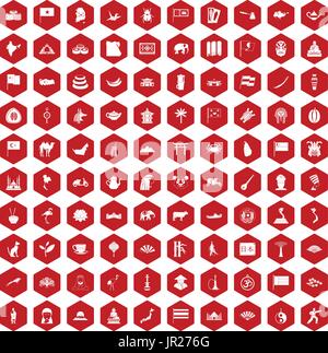 100 Asia icons hexagon red Stock Vector