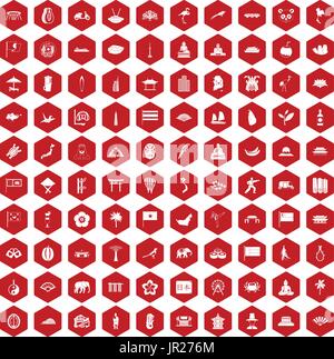 100 asian icons hexagon red Stock Vector