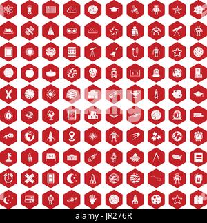 100 astronomy icons hexagon red Stock Vector