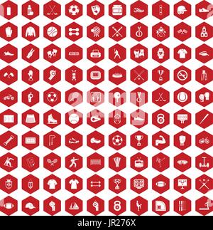100 athlete icons hexagon red Stock Vector