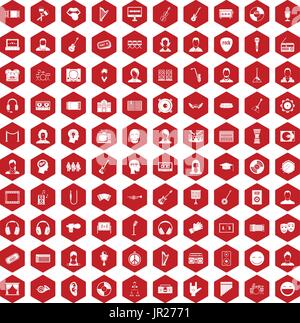 100 audience icons hexagon red Stock Vector