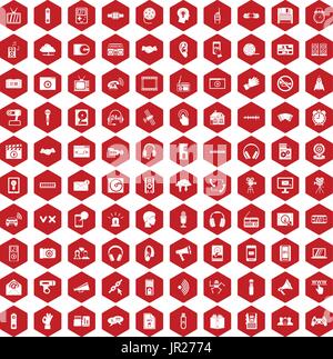100 audio icons hexagon red Stock Vector