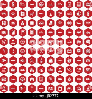 100 auto icons hexagon red Stock Vector