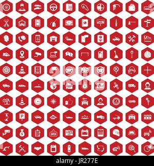 100 auto service center icons hexagon red Stock Vector