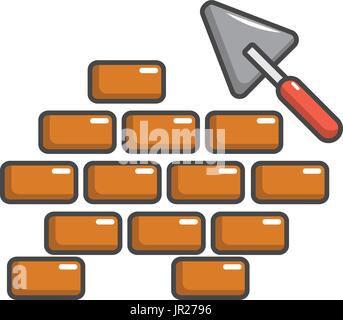 Trowel and brick wall icon, cartoon style Stock Vector