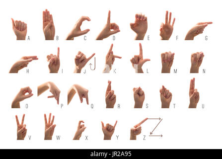 Sign Language American alphabet with hands painted white over black ...