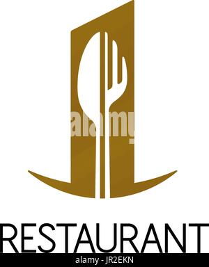 Design of restaurant logo on white background. Fork and knife shape. Isolated vector illustration. Stock Vector
