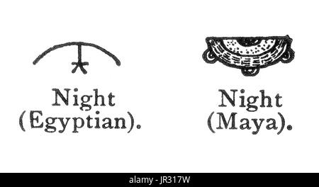 Comparison of Egyptian and Mayan signs for night have that correspondence to be expected when things common to all men are graphically represented. An ideogram or ideograph is a graphic symbol that represents an idea or concept, independent of any particular language, and specific words or phrases. Some ideograms are comprehensible only by familiarity with prior convention; others convey their meaning through pictorial resemblance to a physical object, and thus may also be referred to as pictograms. Pictography is a form of writing which uses representational, pictorial drawings, similarly to  Stock Photo