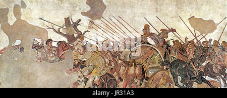 The Alexander Mosaic, dating from circa 100 BC, is a Roman floor mosaic originally from the House of the Faun in Pompeii. It depicts a battle between the armies of Alexander the Great and Darius III of Persia and measures 8 feet 11 inches by 16 feet 10 inches. The original is preserved in the Naples National Archaeological Museum. The mosaic is believed to be a copy of an early 3rd century BC Hellenistic painting. The work is traditionally believed to show the Battle of Issus. The Battle of Issus occurred in southern Anatolia, on November 5, 333 BC between the Hellenic League led by Alexander  Stock Photo