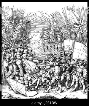 One of many battle scenes in Der Weisskunig or The White King a chivalric novel and biography of the Holy Roman Emperor, Maximilian I, (1486-1519) written in German by Maximilian and his secretary between 1505-16. The story is based on the lives of Maximilian, fictionalized as the 'young' White King, and his father, the 'old' White King, Frederick III, and recounts their dealings with contemporary characters whose identities are disguised but easily decipherable. These include the Blue King (the King of France), the Green King (the King of Hungary) and the King of Fish (representing Venice). M