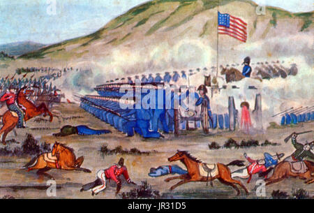 Detail of Battle of La Mesa made shortly afterwards by solider who participated. Kearny is seen on horse, commanding the battle. The Battle of La Mesa, during the Mexican-American War, occurred on January 9, 1847. The battle was a victory for the US Army under Commodore Stockton and General Kearny. They encountered General Flores' 300 strong force of Californio militia, including artillery, near where the city of Vernon now stands, about four miles south of Los Angeles. The Californian guns were ineffective, while the American guns responded from their square as the Americans advanced. Flores  Stock Photo