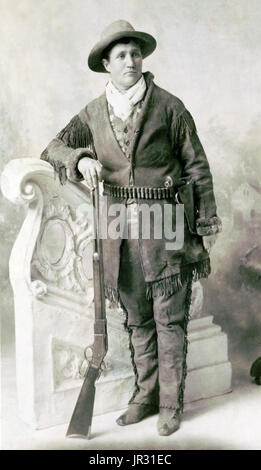 Martha Jane Canary (May 1, 1852 - August 1, 1903), better known as Calamity Jane, was an American frontierswoman and professional scout. She received little to no formal education and was illiterate. She worked as a dishwasher, a cook, a waitress, a dance-hall girl, a nurse, and an ox team driver. In 1874, she found work as a scout at Fort Russell. In 1876, she settled in the area of Deadwood and became friendly with Wild Bill Hickok and Charlie Utter. After Hickok's death she continued living in the Deadwood and in late 1876 or 1878, she nursed the victims of a smallpox epidemic. In 1881, she Stock Photo