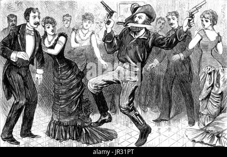 A drunken cowboy shoots ip a ballroom in Leadville, Colorado. The historic American cowboy of the late 19th century arose from the vaquero traditions of northern Mexico and became a figure of special significance and legend. By the late 1860s, following the American Civil War and the expansion of the cattle industry, former soldiers from both the Union and Confederacy came west, seeking work, as did large numbers of restless white men in general. A significant number of African-American freedmen also were drawn to cowboy life, in part because there was not quite as much discrimination in the w Stock Photo