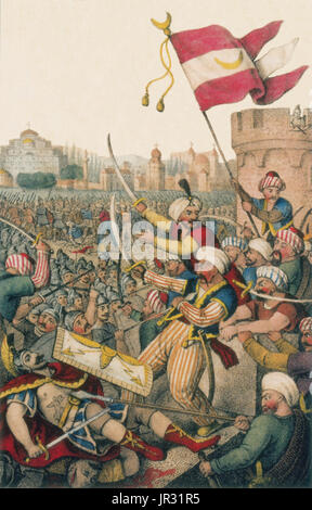 Romanticized illustration from 1832, shows Mehmed II leading his men over the walls of Constantinople while (bottom left) Constantine XI is killed. The Fall of Constantinople was the capture of the capital of the Byzantine Empire by an invading army of the Ottoman Empire on May 29, 1453. The Ottomans were commanded by Mehmed the Conqueror, the seventh sultan of the Ottoman Empire, who defeated an army commanded by Byzantine Emperor Constantine XI Palaiologos. The conquest of Constantinople followed a 53 day siege that had begun on April 6, 1453. The capture of Constantinople marked the end of  Stock Photo