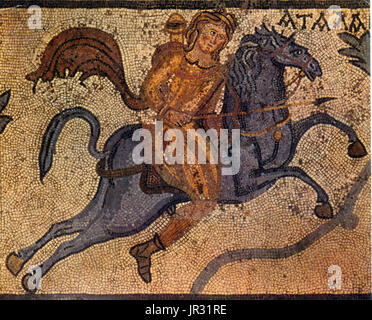 Panel from a mosaic pavement: Atalanta, on horseback, hunts a lion. The lion and the end of the Greek inscription giving Atalanta's name are missing. From a Roman Villa at Halicarnassus, 4th century AD. Atalanta is a character in Greek mythology, a virgin huntress, unwilling to marry, and loved by the hero Meleager. Having grown up in the wilderness, Atalanta became a fierce hunter and was always happy. She took an oath of virginity to the goddess Artemis. Halicarnassus was an ancient Greek city at the site of modern Bodrum in Turkey. The city was famous for the tomb of Mausolus, the origin of Stock Photo