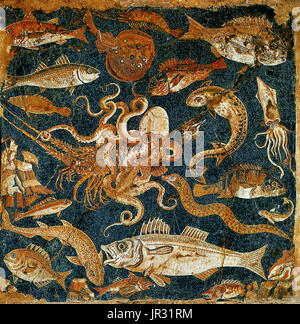 The House of the Faun, built during the 2nd century BC, was one of the largest and most impressive private residences in Pompeii, Italy, and housed many great pieces of art. It is one of the most luxurious aristocratic houses from the Roman republic, and reflects this period better than most archaeological evidence found even in Rome itself. Marine fauna mosaic, from the House of the Faun, depicts over twenty forms of fish, shellfish and eels. At center, an octopus attacks a lobster. Surrounding them are dogfish, morays, sea basses, sea breams, mullets, and electric rays. Roman mosaics are con Stock Photo