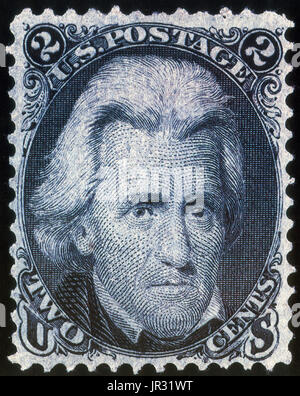 Black Jack or Blackjack was the 2¢ denomination United States postage stamp issued from July 1, 1863 to 1869, is generally referred to as the 'Black Jack' due to the large portraiture of the United States President, Andrew Jackson on its face printed in pitch black. The stamp was issued to fulfill a need for a reduced rate, 2¢ denomination for newspaper, magazine, and local deliveries; and was often used to 'make up' higher rates, or split in half to make up lower ones (1¢ stamp) due to shortages at the local post office. During the Civil War, the 'Black Jack' was supposed to have been favored Stock Photo