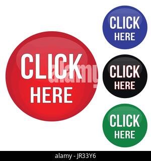 Click here round website glossy buttons set on white background, vector illustration Stock Vector