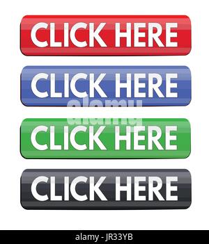Click here square website glossy buttons set on white background, vector illustration Stock Vector