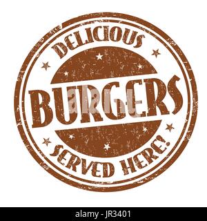 Delicious burgers grunge rubber stamp on white background, vector illustration Stock Vector