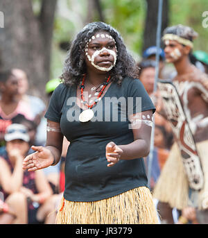 Female performer with polka dots bodypainting, Laura Aboriginal Dance Festival, Cape York, Far North Queensland, FNQ, QLD, Australia Stock Photo