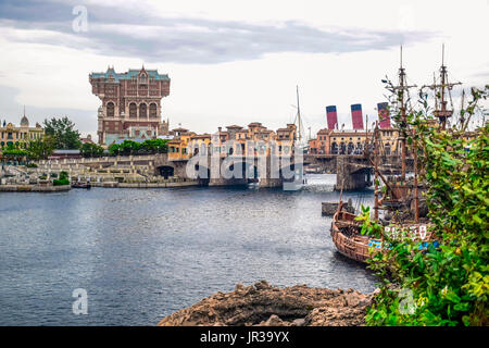 CHIBA, JAPAN: Mediterranean Harbor with Tower of Terror attraction in background in Tokyo Disneysea located in Urayasu, Chiba, Japan Stock Photo