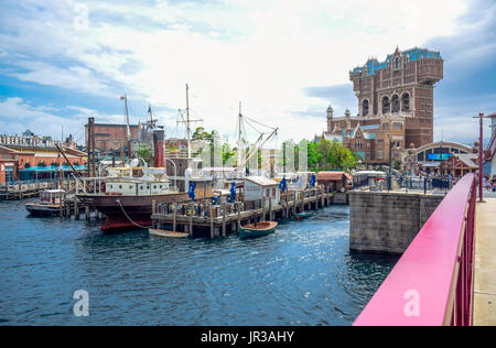 CHIBA, JAPAN: Mediterranean Harbor with Tower of Terror attraction in background in Tokyo Disneysea located in Urayasu, Chiba, Japan Stock Photo