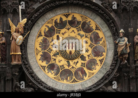 Calendar plate of the famous Prague astronomical clock (orloj) on the tower of the Old Town Hall (Staroměstská radnice) in Old Town Square in Prague, Czech Republic. The original calendar plate painted by Czech painter Josef Mánes in 1865 were replaced by the replica in 1880. Stock Photo