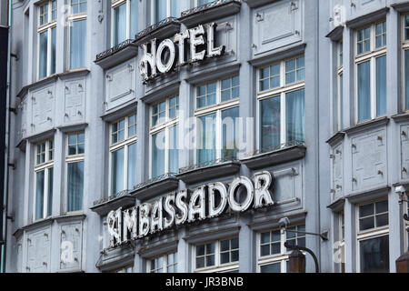 Hotel Ambassador in Wenceslaus Square in Prague, Czech Republic. The building designed by Czech architects František Weyr and Richard Klenka and built in 1912-1913 as the Passage department store (Obchodní dům Passage). Stock Photo