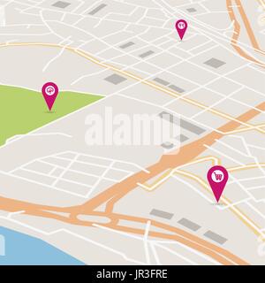 Perspective city map navigation with pin pointers. Urban downtown ...